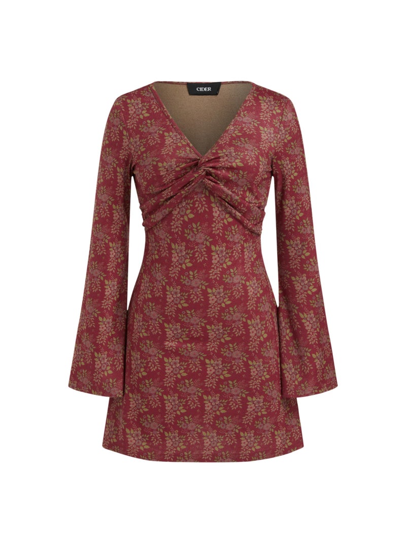 CIDER Floral Print Mini Dress Long Sleeve V Neck Ruched Bodycon Dresses - Image 1