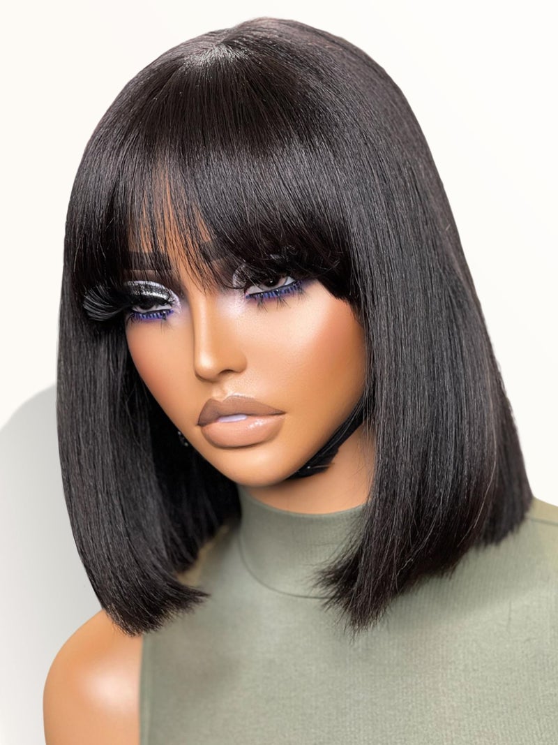 LUVME HAIR 10 Inch Short Black Straight Bang Wig with Minimalist 2x1 Lace Scalp For Women