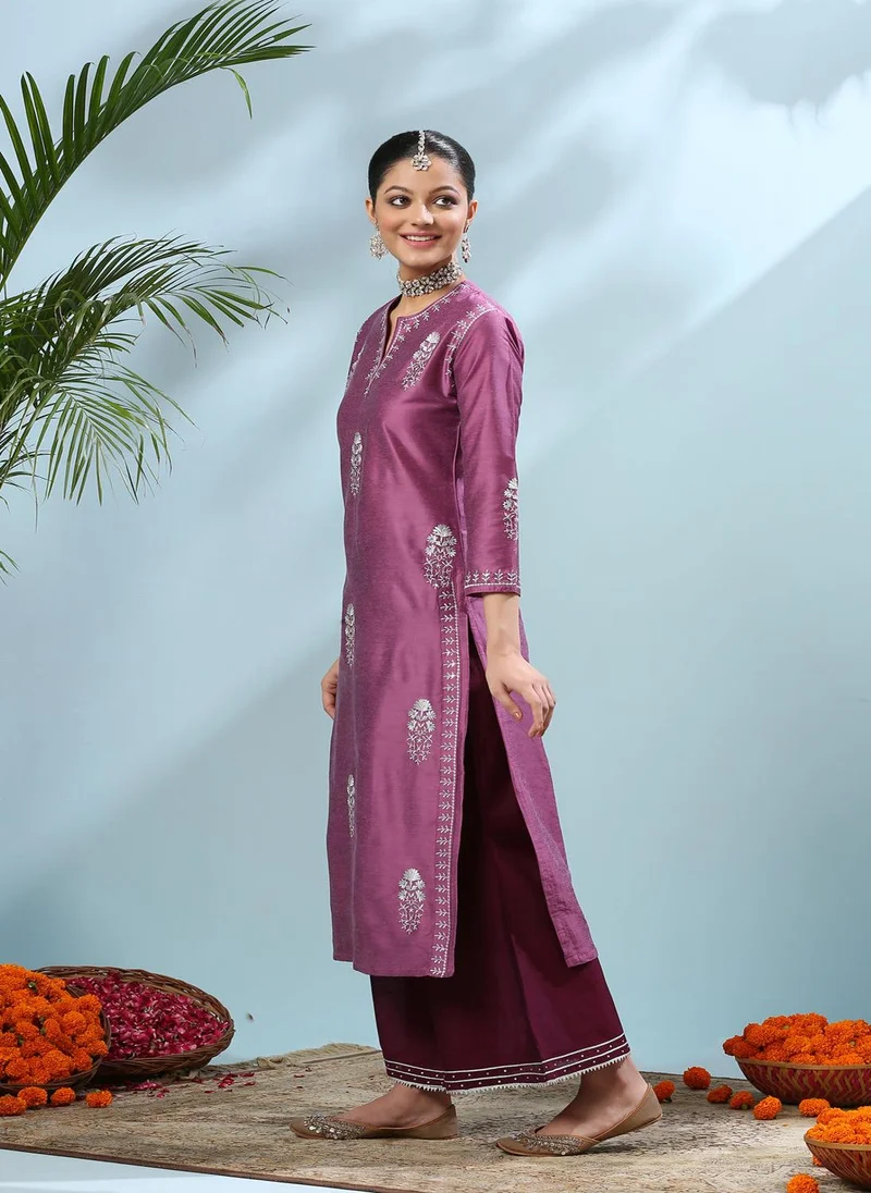 ZERESOUQ Purple Zari Embroidered Cotton-Silk Kurta