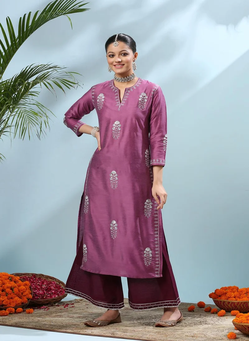 ZERESOUQ Purple Zari Embroidered Cotton-Silk Kurta