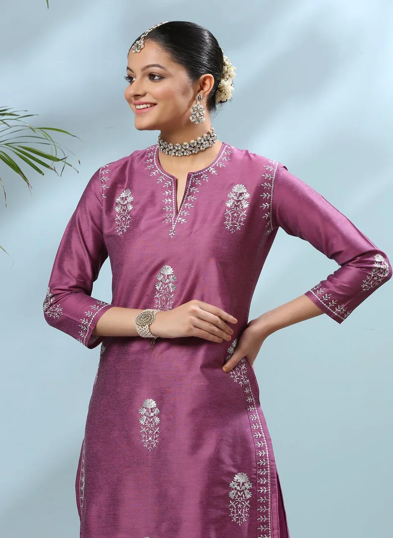 ZERESOUQ Purple Zari Embroidered Cotton-Silk Kurta