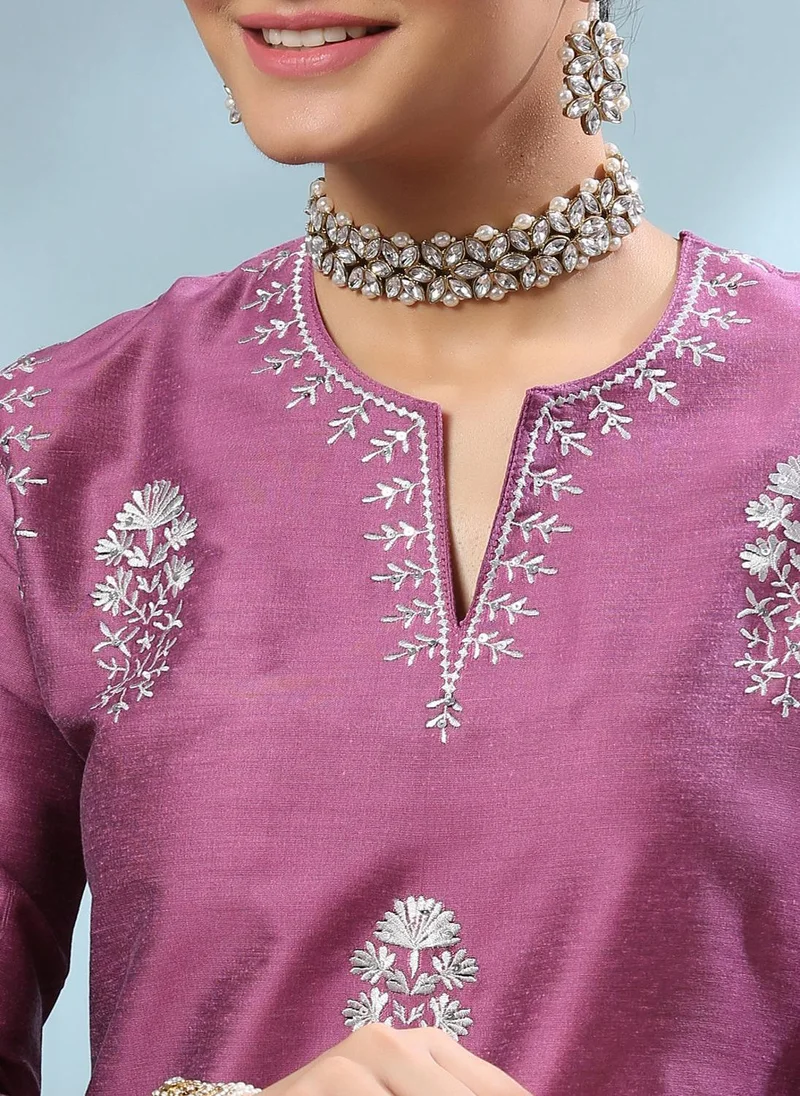 ZERESOUQ Purple Zari Embroidered Cotton-Silk Kurta