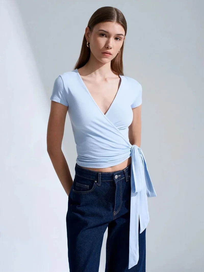 ديلفين DILVIN Crop Wrap Blouse With Tie Detail