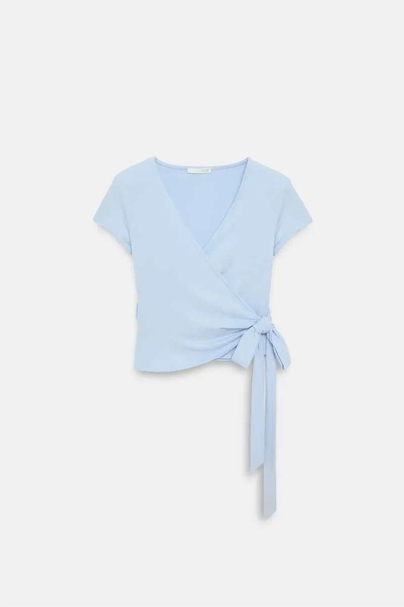 DILVIN Crop Wrap Blouse With Tie Detail