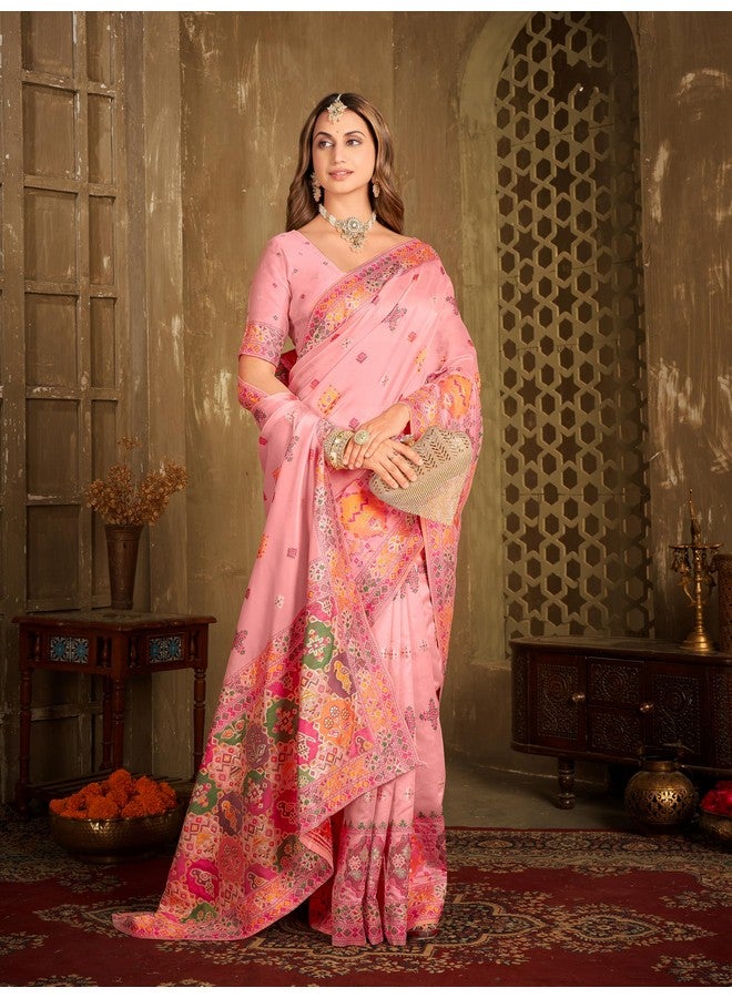 Glory Sarees ساري غلوري للنساء من كشمير بوشمينا قطن حرير مع قطعة بلوزة (PureKashmiriPashmina101_Pink) - Image 5