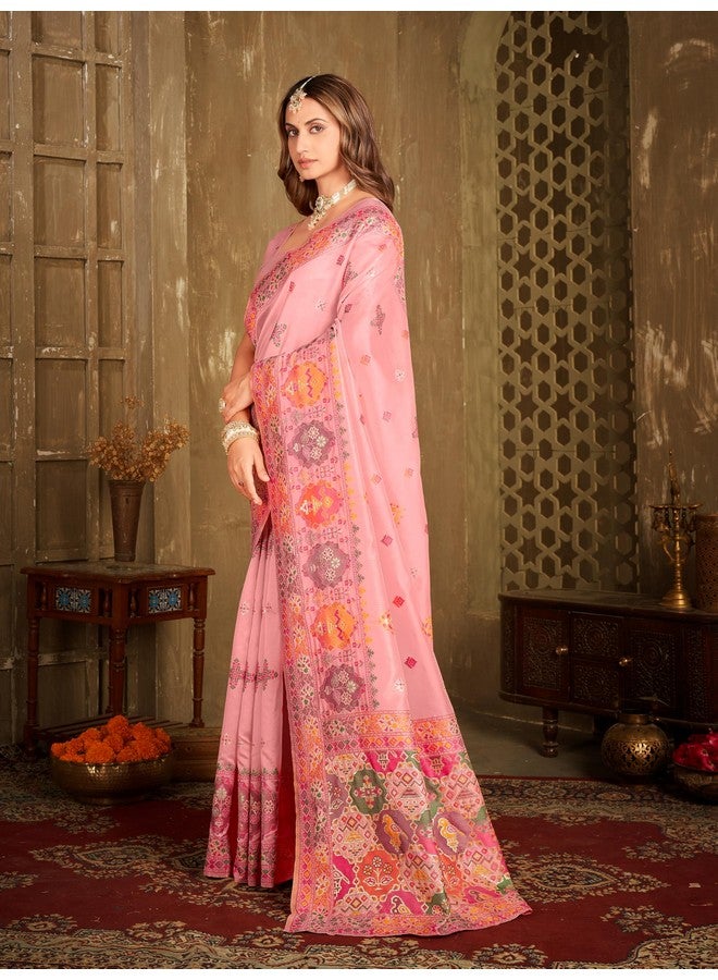 Glory Sarees ساري غلوري للنساء من كشمير بوشمينا قطن حرير مع قطعة بلوزة (PureKashmiriPashmina101_Pink) - Image 4