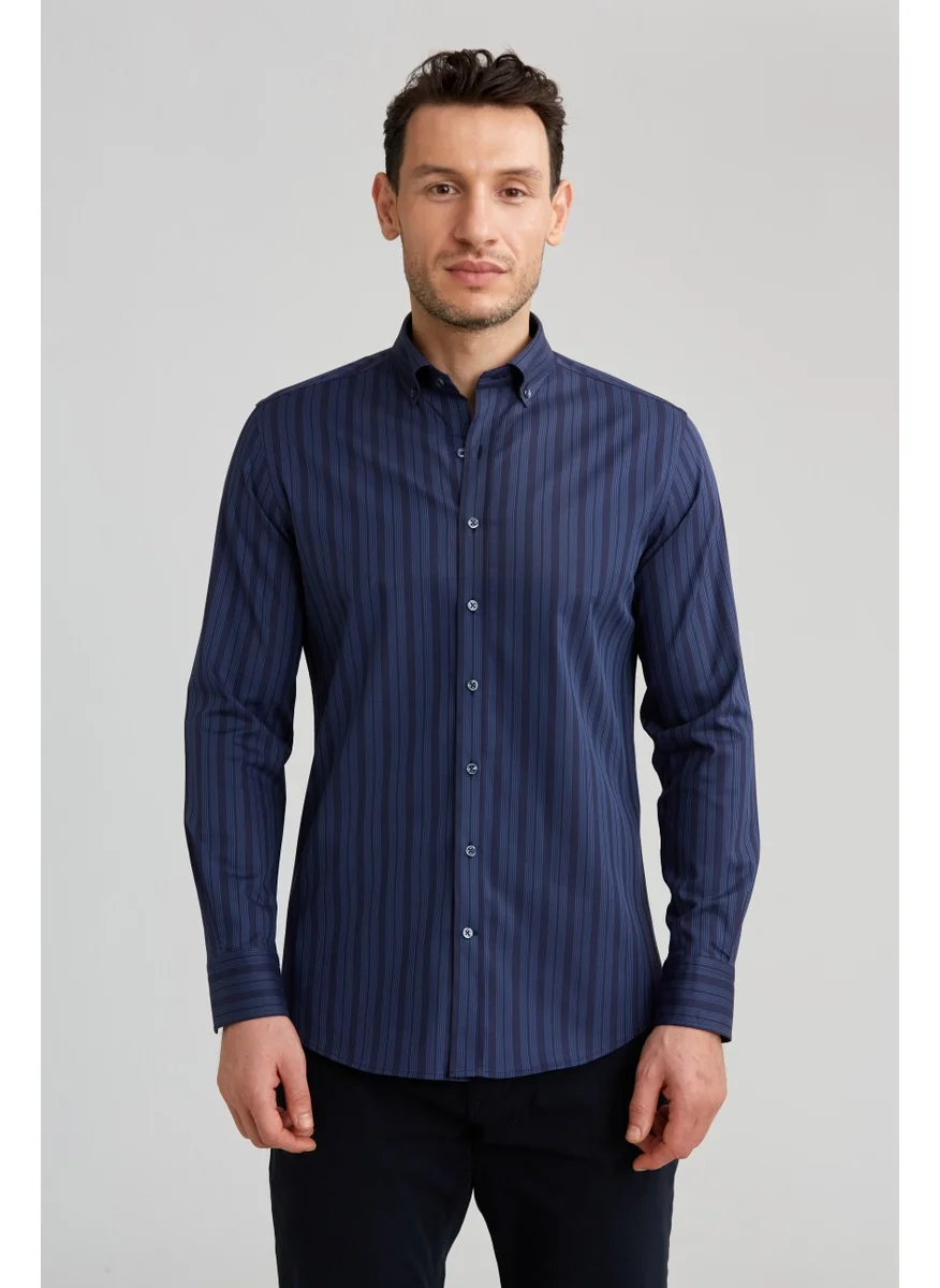 Bisse Sports Shirt Modern Fit Long Sleeve Pasha Collar Buttoned Dark Background Sports Striped Navy Blue GMCZG1722300201_D39