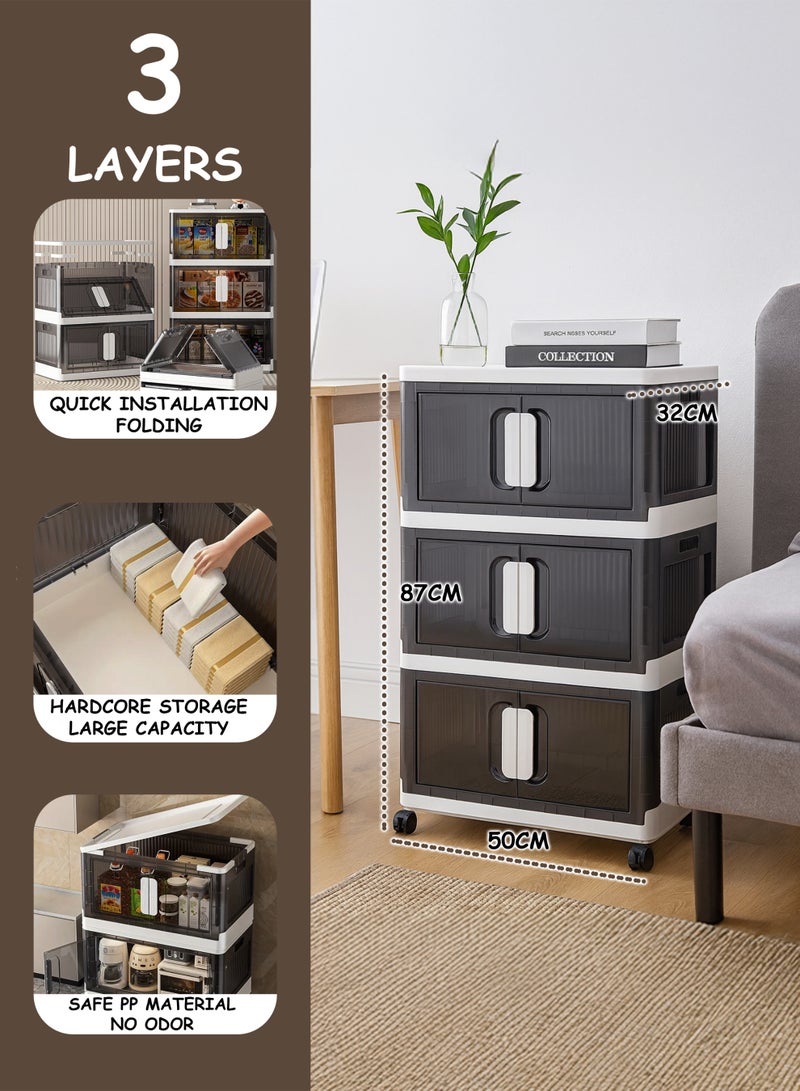 Toshionics 3 Tier Plastic Storage Cabinet – 50x32x87cm - Multi-Layer Foldable Portable Storage Bins with Rolling Wheels, Collapsible, Stackable Clothes Organizer with Magnetic Double-doors Acrylic Transparent Plastic Closet Quilt Organizer with Secure Lids and Lockable Casters Home Storage Box for Clothes, Kitchen, Pantries, Utensils, Cupboard for Toys, Snacks - Home Decor Organizer, Office Supplies, Bedroom, Bathroom Toiletries and Amenities Versatile Spacious Storage Rack- Available in Various Sizes and Layers - Image 1