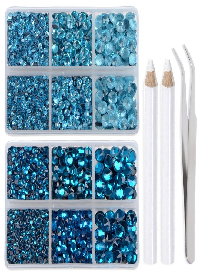 LPBeads مجموعة LPBeads مكونة من 6400 قطعة من أحجار الراين الزرقاء والزرقاء الزبرجدية ذات ظهر مسطح، 5 أحجام متنوعة، أحجار كريستال زجاجية مستديرة، مع ملقط وقلم لجمع أحجار الراين - Image 1