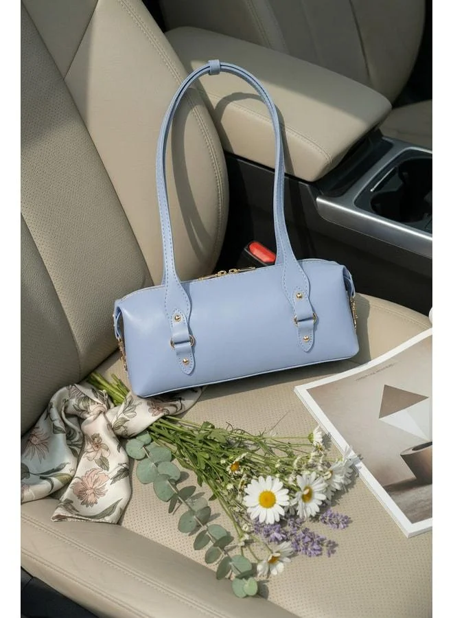 Women's Shabby Chic Baby Blue Design Lined Edge Zipper Closure Bagette Hand, Arm, and Shoulder Bag.