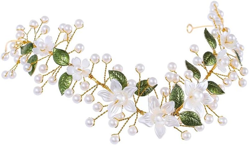 IYOU Flower Fairy Headband Gold Pearl Elf Crown Headpiece Leaf Bridal Wedding Costume Hair Accessories for Women
