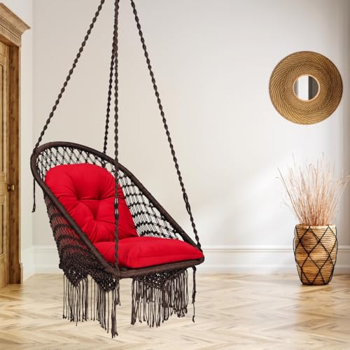 Patiofy Super Comfy Premium Swing Chair/Swing for Balcony/Swing Chair for Adults for Home/Hammock Swing for Adults/Jhoola Jhula for Adults with Red L Shape Cushion & Hanging Kit- Brown - Image 1