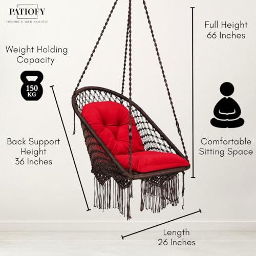 Patiofy Super Comfy Premium Swing Chair/Swing for Balcony/Swing Chair for Adults for Home/Hammock Swing for Adults/Jhoola Jhula for Adults with Red L Shape Cushion & Hanging Kit- Brown - Image 4