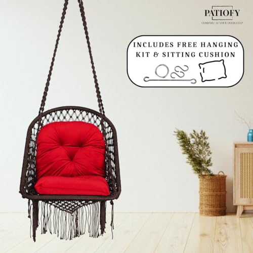 Patiofy Super Comfy Premium Swing Chair/Swing for Balcony/Swing Chair for Adults for Home/Hammock Swing for Adults/Jhoola Jhula for Adults with Red L Shape Cushion & Hanging Kit- Brown - Image 3