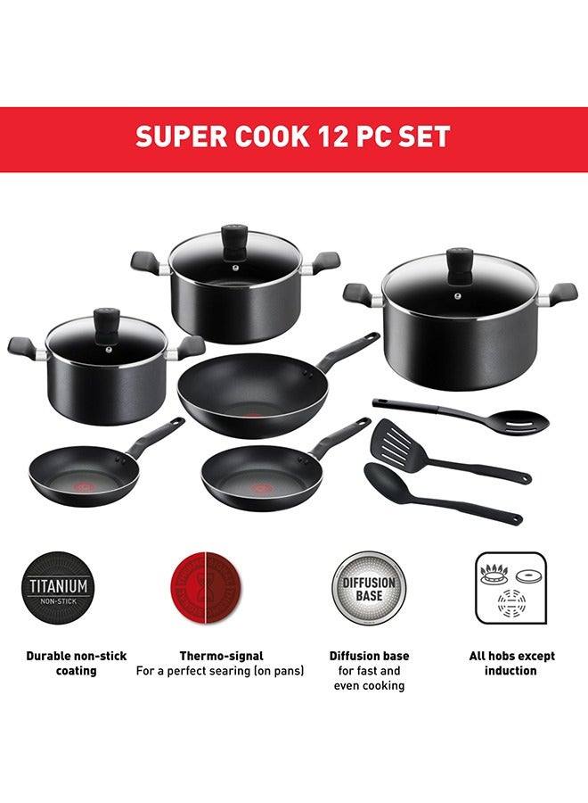 TEFAL Cooking Set | Super Cook 12 pc set | Non-Stick Coating | Thermo-Signal Heat Indicator | Diffusion Base B459SC84 Black - Image 2