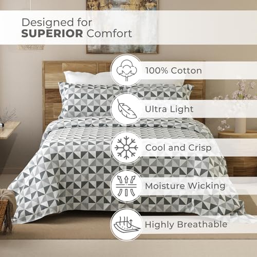 Layers Emaline 100% Cotton Double Bedsheet Set (Oeko Tex Certified) | 1 Double Cotton Bedsheet & 2 Pillow Covers | Breathable & Anti-Wrinkle | 144 TC | (Geomtric Print, Grey) - Image 3