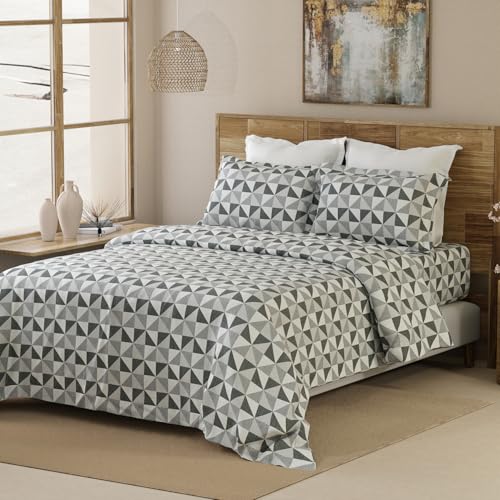 Layers Emaline 100% Cotton Double Bedsheet Set (Oeko Tex Certified) | 1 Double Cotton Bedsheet & 2 Pillow Covers | Breathable & Anti-Wrinkle | 144 TC | (Geomtric Print, Grey) - Image 2