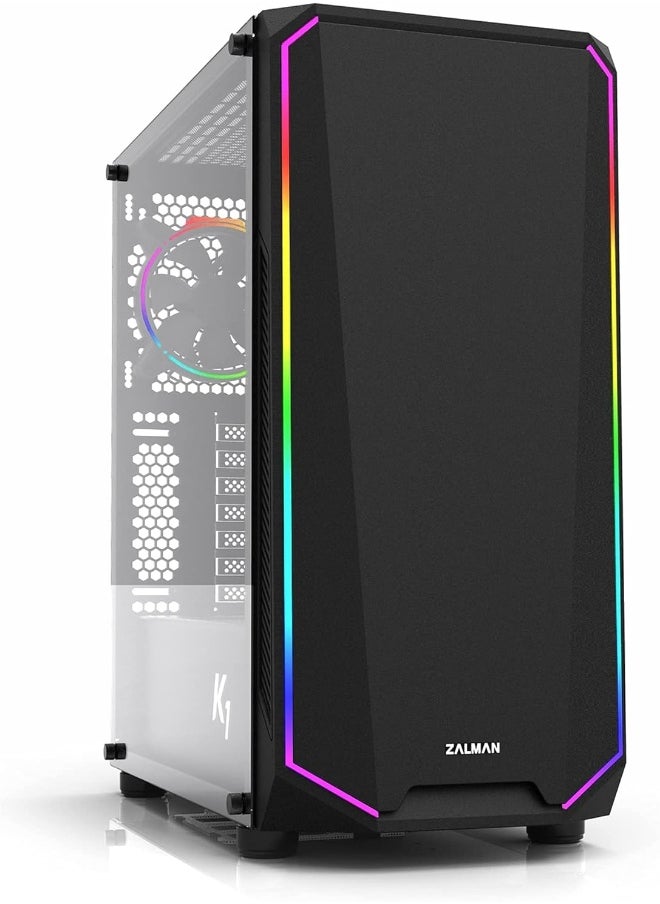 ZALMAN - K1 Rev. B Mid Tower ATX Gaming PC Case, Addressable RGB Front Panel, Tempered Glass Side Panel, Includes (1x) ARGB 120mm Fan Rear and (1x) Black 120mm Fan Front (aRGB Panel) - Image 1