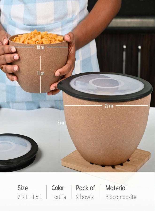 Eha Earth Friendly Mixing Bowls for Kitchen | Serving Bowls with Lid | Microwave Safe Bowl Set | Storage Bowls Made with Rice Husk and Bamboo Fibers | 2900ml +1600ml | Set of 2 | Tortilla | Brown - Image 2