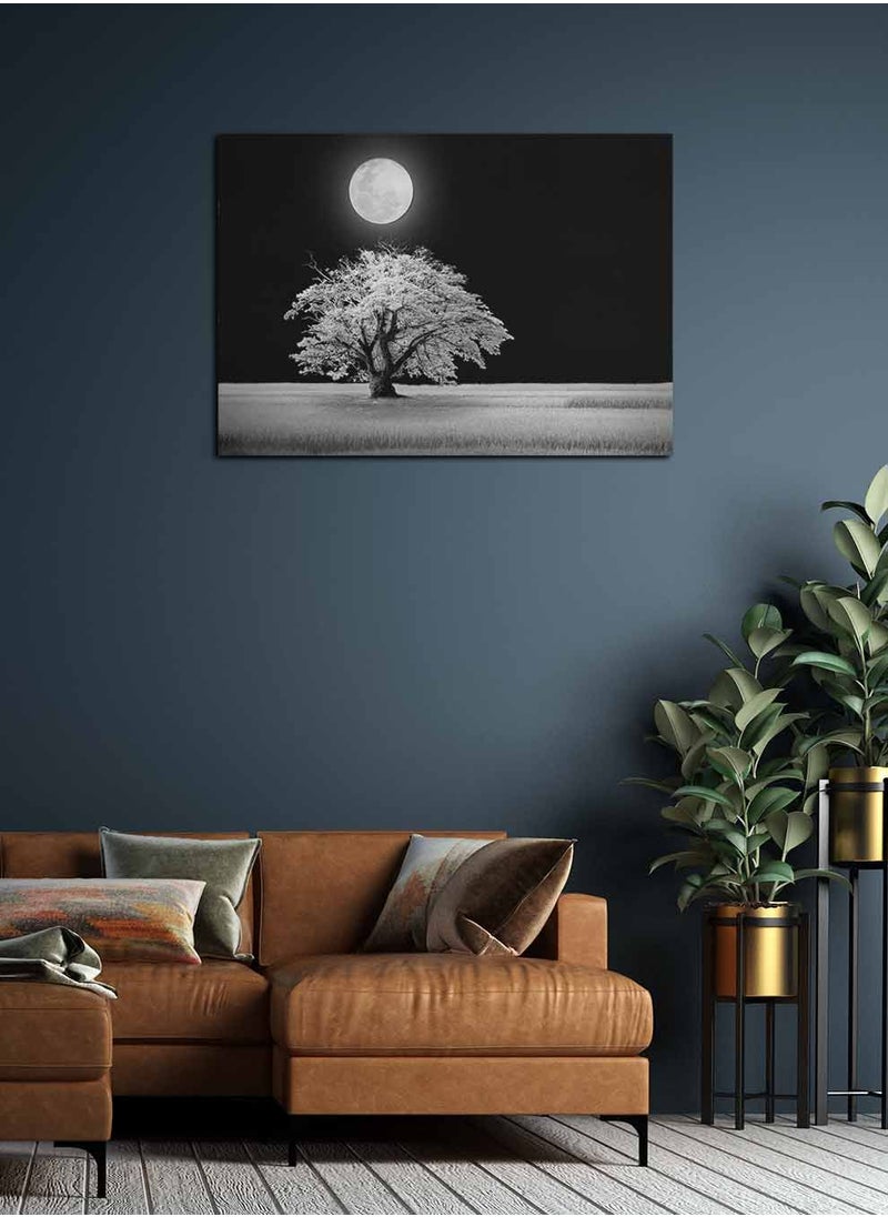 LOWHA Framed Canvas Wall Art Stretched Over Wooden Frame, Tree and Moon Landscape Orientation Painting, For Home, Living Room, Office Decor  - Image 1