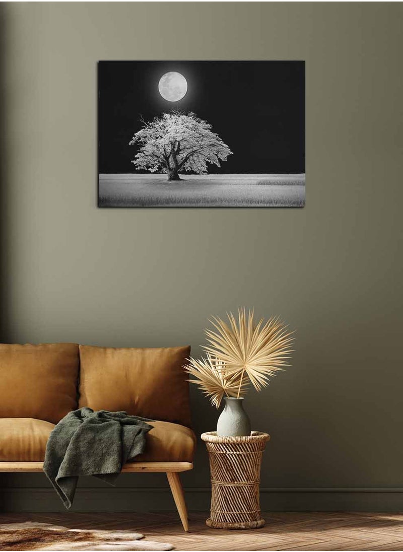 LOWHA Framed Canvas Wall Art Stretched Over Wooden Frame, Tree and Moon Landscape Orientation Painting, For Home, Living Room, Office Decor  - Image 3