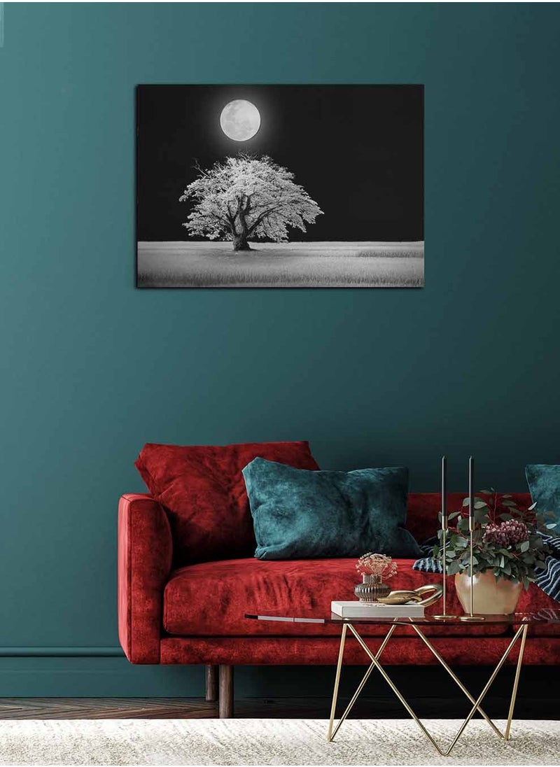 LOWHA Framed Canvas Wall Art Stretched Over Wooden Frame, Tree and Moon Landscape Orientation Painting, For Home, Living Room, Office Decor  - Image 2