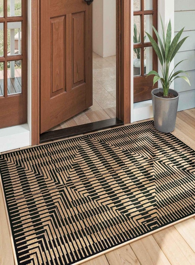 لايف بوكس سجادة لايف بوكس سهلة الاستخدام من الجوت، مقاس 3×5، مناسبة للاستخدام الداخلي والخارجي، قابلة للغسل، سجادة مدخل أمامية، مانعة للانزلاق، سجادة سوداء مخططة عصرية محايدة للمطبخ وغرفة المعيشة وغرفة الطين - Image 2