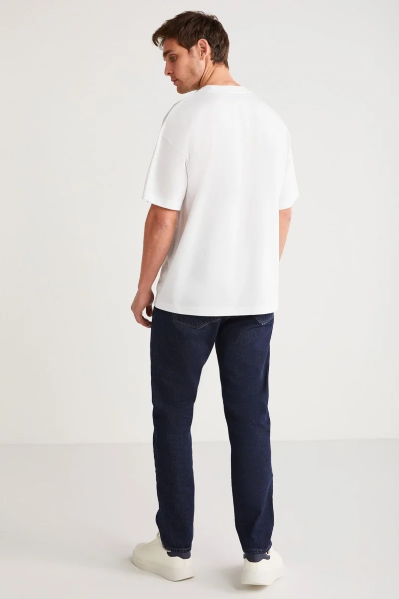 جريميلانج Vito Men's 100% Organic Cotton Embroidery Text Detailed Oversize Loose Cut Short Sleeve White T-shirt