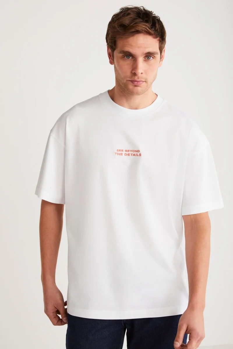 جريميلانج Vito Men's 100% Organic Cotton Embroidery Text Detailed Oversize Loose Cut Short Sleeve White T-shirt