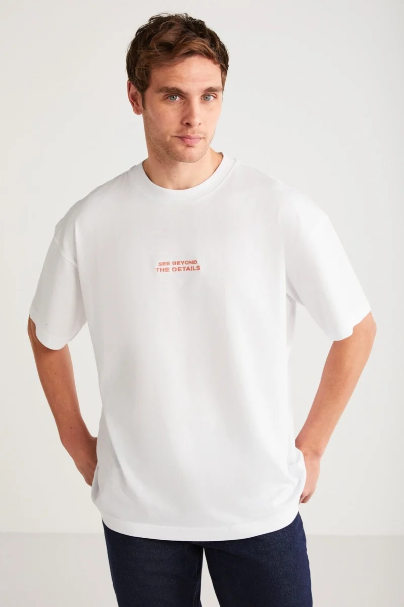 جريميلانج Vito Men's 100% Organic Cotton Embroidery Text Detailed Oversize Loose Cut Short Sleeve White T-shirt