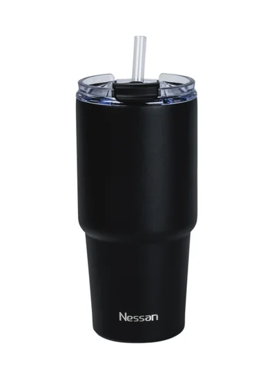 Nessan Nessan Double Wall Stainless Steel Vacuum Insulated Travel Mug Tumbler with Dual Function Lid and Straw for Water, Iced Tea or Hot Coffee, Smoothie and More (Black, 480ml)