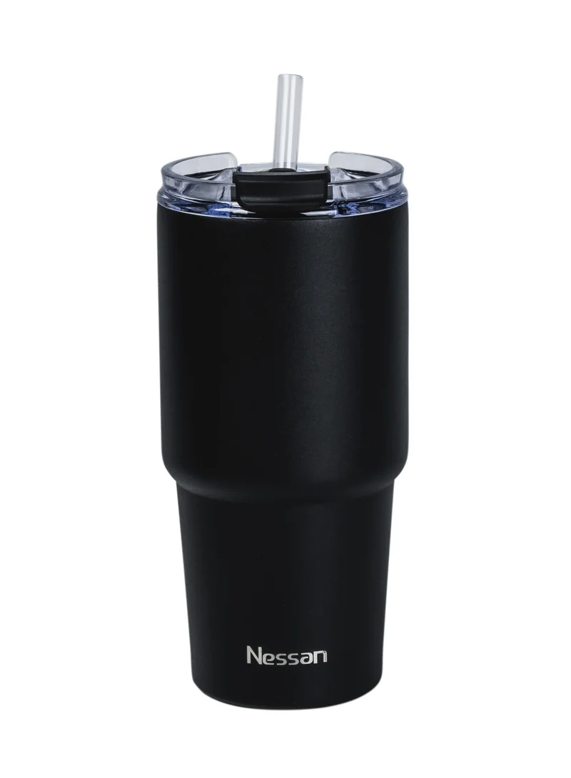 Nessan Nessan Double Wall Stainless Steel Vacuum Insulated Travel Mug Tumbler with Dual Function Lid and Straw for Water, Iced Tea or Hot Coffee, Smoothie and More (Black, 480ml)