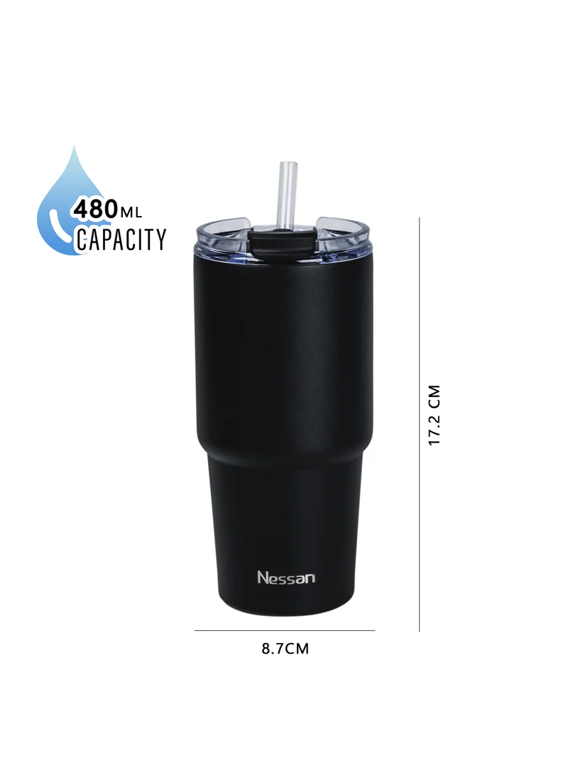 Nessan Nessan Double Wall Stainless Steel Vacuum Insulated Travel Mug Tumbler with Dual Function Lid and Straw for Water, Iced Tea or Hot Coffee, Smoothie and More (Black, 480ml)