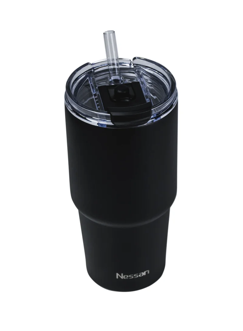 Nessan Nessan Double Wall Stainless Steel Vacuum Insulated Travel Mug Tumbler with Dual Function Lid and Straw for Water, Iced Tea or Hot Coffee, Smoothie and More (Black, 480ml)