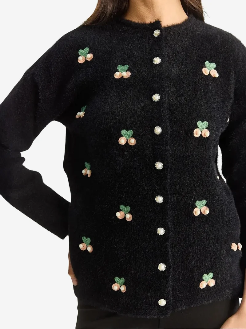 Bianco Lucci Black LUCCI Embroidered Button-Up Cardigan for Women | Best Price UAE