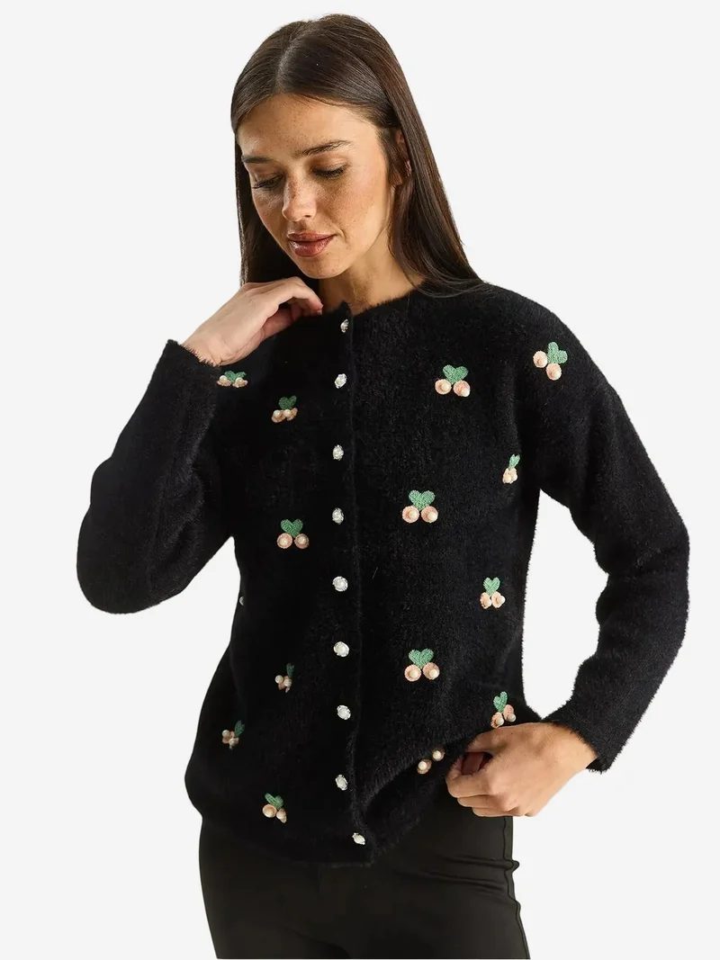 Bianco Lucci Black LUCCI Embroidered Button-Up Cardigan for Women | Best Price UAE