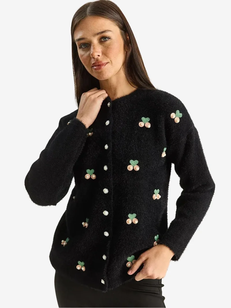 Bianco Lucci Black LUCCI Embroidered Button-Up Cardigan for Women | Best Price UAE