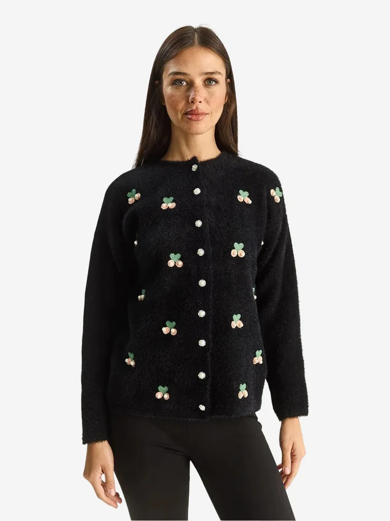 Bianco Lucci Black LUCCI Embroidered Button-Up Cardigan for Women | Best Price UAE