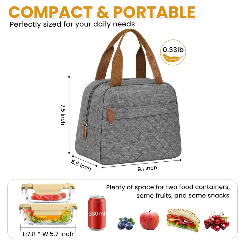 ELONGRIVER Insulated Lunch Bag for Women, Portable Lightweight Lunch Box for Adults, Reusable Small Lunch Tote Cooler Bags with Front Zipper Pocket for Work School Picnic(Gray) - Image 2