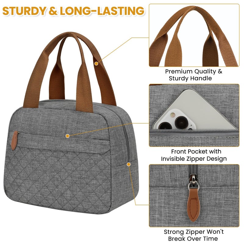 ELONGRIVER Insulated Lunch Bag for Women, Portable Lightweight Lunch Box for Adults, Reusable Small Lunch Tote Cooler Bags with Front Zipper Pocket for Work School Picnic(Gray) - Image 4