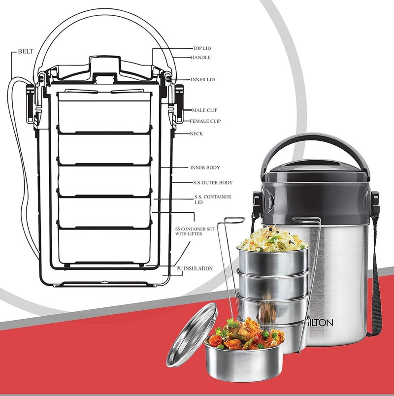Milton Milton Steel On 5 Tier Insulated Tiffin Box, 1.80 L, Silver - Image 5