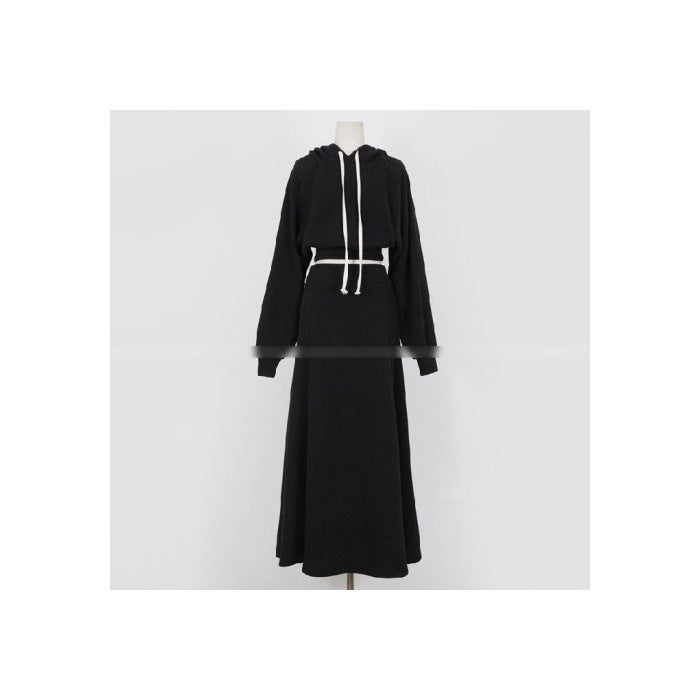 [a large number of in stock] spring and autumn pink and tender loose long sleeve hooded sweater high waist A- shaped long skirt two Black - Image 1