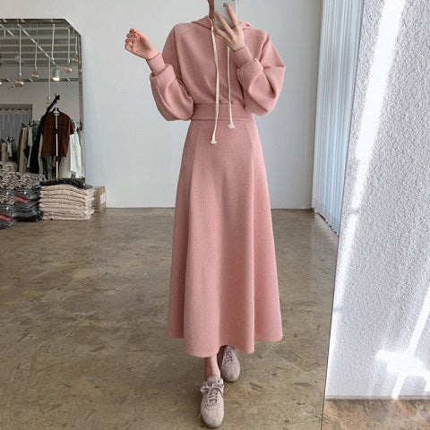 [a large number of in stock] spring and autumn pink and tender loose long sleeve hooded sweater high waist A- shaped long skirt two Black - Image 2