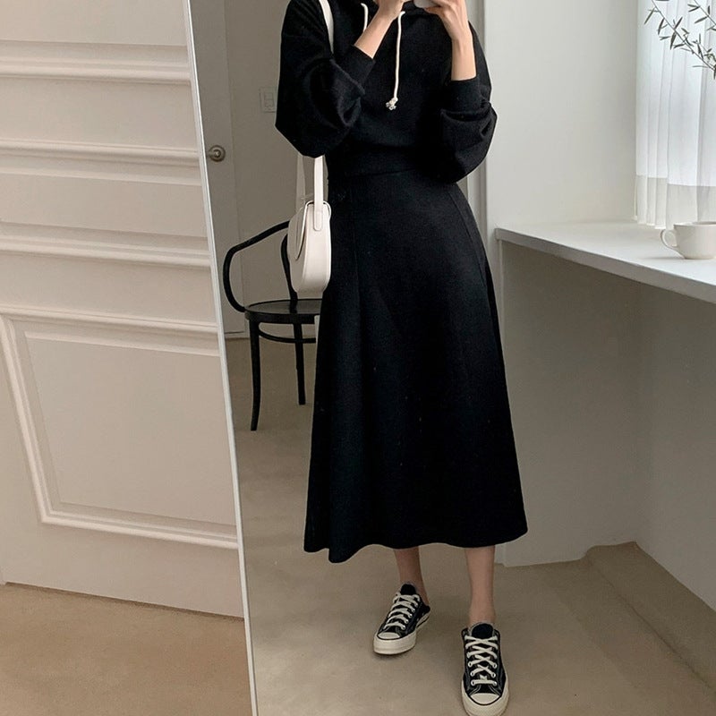 [a large number of in stock] spring and autumn pink and tender loose long sleeve hooded sweater high waist A- shaped long skirt two Black - Image 3