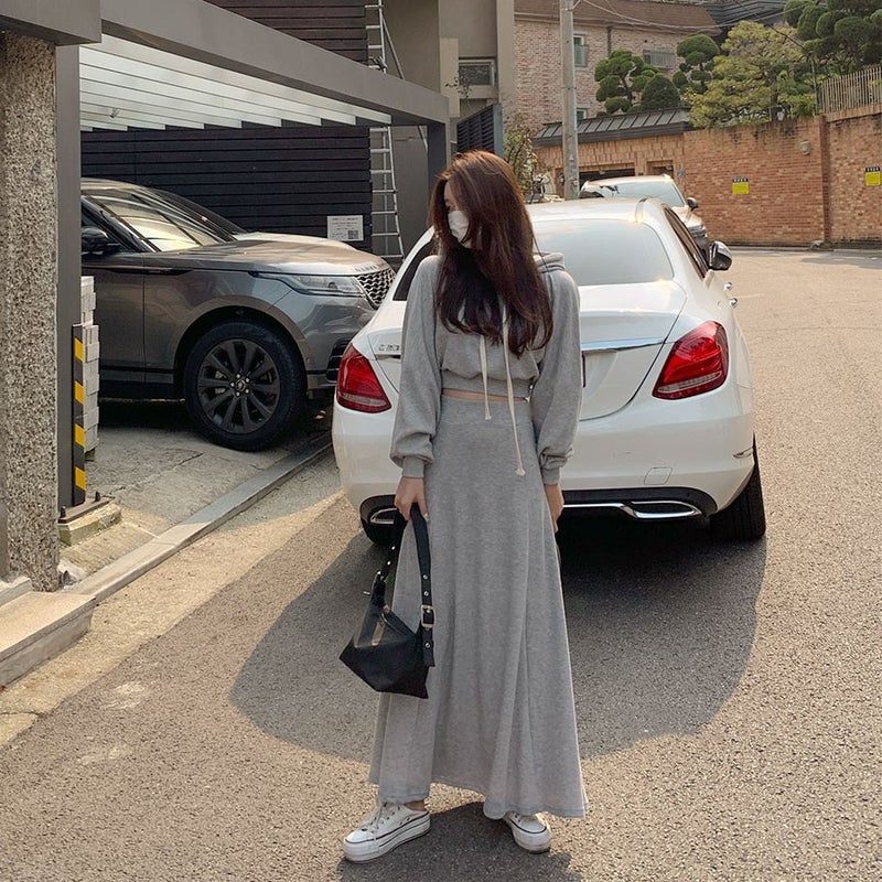 [a large number of in stock] spring and autumn pink and tender loose long sleeve hooded sweater high waist A- shaped long skirt two Black - Image 4