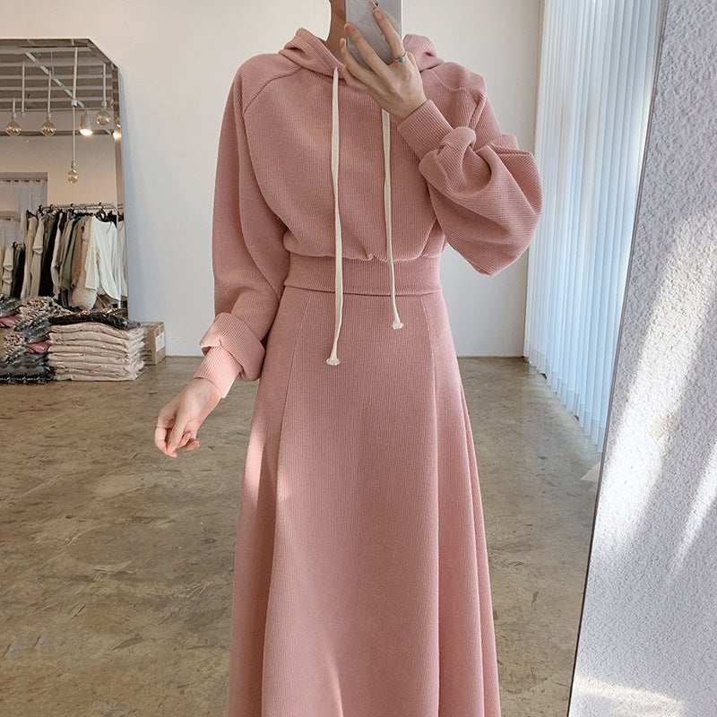 [a large number of in stock] spring and autumn pink and tender loose long sleeve hooded sweater high waist A- shaped long skirt two Black - Image 5