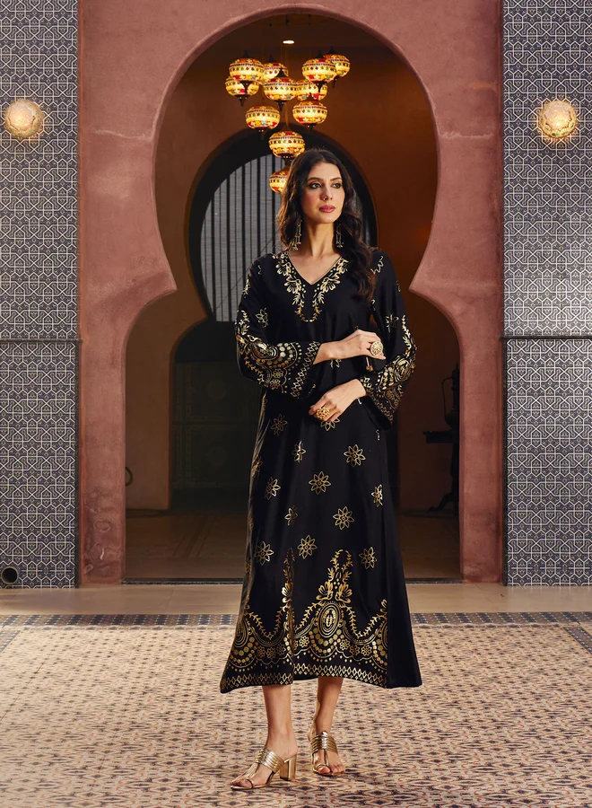 Sassafras  Black Foil Print A-Line Jalabiya for Women | Best Price UAE