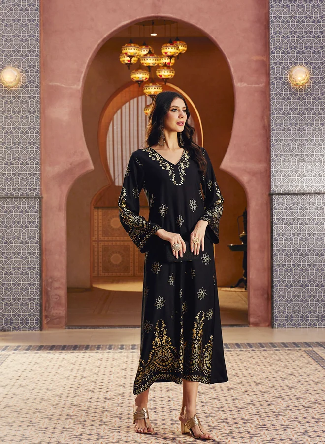 Sassafras  Black Foil Print A-Line Jalabiya for Women | Best Price UAE
