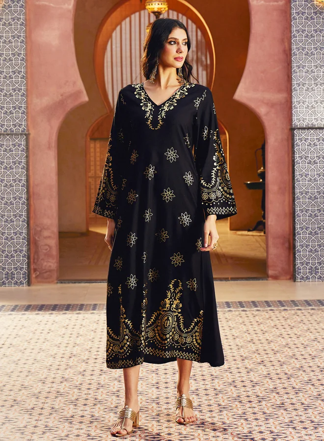 SASSAFRAS Black Foil Print A-Line Jalabiya