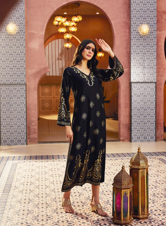 Sassafras  Black Foil Print A-Line Jalabiya for Women | Best Price UAE
